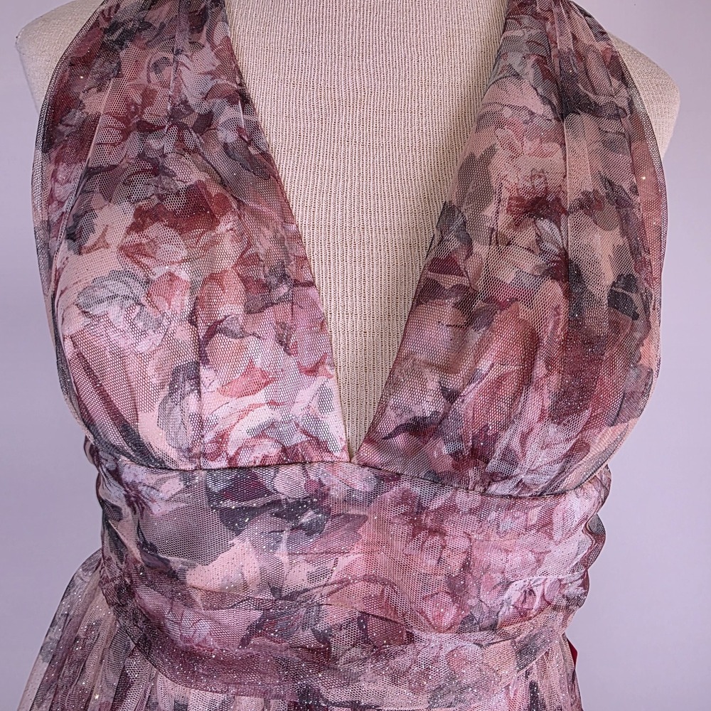 NEW City Vibe Maxi Dress 11 Pink Floral Halter Plunge Neck Glitter Sparkle Tulle - Picture 2 of 11
